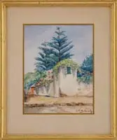 C C Schenck, Buttery at St, GEORGES, BERMUDA”. Watercolor scene shows a stucco building covered with flowery vines and tall tropical trees