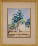 C C Schenck, Buttery at St, GEORGES, BERMUDA”. Watercolor scene shows a stucco building covered with flowery vines and tall tropical trees