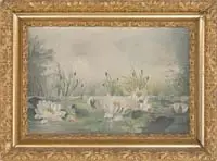 Lily Pond by Unsigned, Oil on artist board scene shows a waterline view of a lily pond with blossoming lilies and cattails, sold Feb 2007
