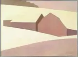 Ruth Fuller White, Winter Barns, Oil on canvas winter landscape shows a connected series of barns covered with snow on a hillside
