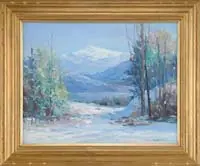 George W Dinckel, Early Snow at Bretton Woods, Oil on masonite winter New England landscape shows a snow covered Mt. Washington from the valley below