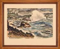 John William Cook, Sun and Heavy Sea, Acadia, Maine, Watercolor coastal view of large waves crashing onto rocks with tree lined small hills behind
