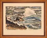 John William Cook, Sun and Heavy Sea, Acadia, Maine, Watercolor coastal view of large waves crashing onto rocks with tree lined small hills behind