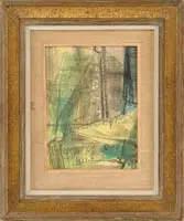 William Barnett, Forest, Pastel crayon on paper abstract scene in colors of black, green, yellow and blue