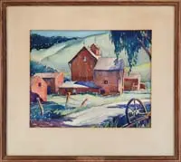 Kathleen Voute, The Red Farm, Good watercolor scene shows connected farm buildings all painted red. All against a green hillside in a summer landscape