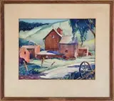 Kathleen Voute, The Red Farm, Good watercolor scene shows connected farm buildings all painted red. All against a green hillside in a summer landscape