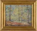 Howard Bonnell Spencer, Shadow Road, Oil on board scene shows a dirt road through a colorful forest