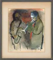 Pellerano, The Musicians, Watercolor scene shows two men, one playing a saxophone and the other playing a trumpet