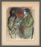Pellerano, The Musicians, Watercolor scene shows two men, one playing a saxophone and the other playing a trumpet