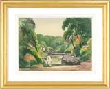 George Lester Hornby, Bridge in Summer Landscape, Large watercolor scene shows a wooden bridge having stone foundation over a small stream with house and trees