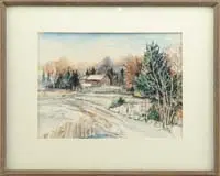 Bob James, The Winter Homestead, Watercolor winter scene shows a connected house nestled amongst trees with snow covered dirt road and fields