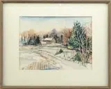 Bob James, The Winter Homestead, Watercolor winter scene shows a connected house nestled amongst trees with snow covered dirt road and fields
