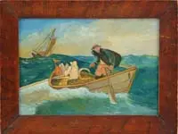 Unsigned, Net Fishing, Oil on cardboard primitive scene shows two figures in a dory type boat in heavy sea with sailboat beyond