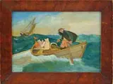 Unsigned, Net Fishing, Oil on cardboard primitive scene shows two figures in a dory type boat in heavy sea with sailboat beyond