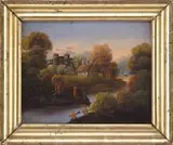 Thomas Chambers, Castle on the Hudson, Oil on board scene shows a house and a castle on the banks of a waterway with sailboat and mountains in the background