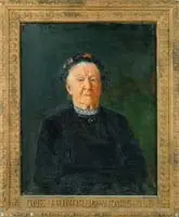 Unsigned, One-Hundred-Years-Old, Oil on canvas half portrait of an old woman. She sits wearing a black dress with lace collar and black hat