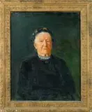 Unsigned, One-Hundred-Years-Old, Oil on canvas half portrait of an old woman. She sits wearing a black dress with lace collar and black hat