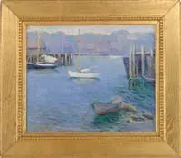Fern Coppedge, Gloucester Harbor, Oil on canvas tranquil harbor scene shows two one-mast sailboats amongst wood docks with a small dory against rocks