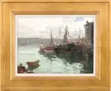 Paul Strisik, Gloucester Harbor, Oil on board scene shows two fishing boats side by side tethered to dock with building. Low hills and other boats beyond