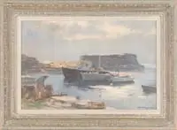 Harry Russell Ballinger, Pigeon Cove, Oil on canvas Rockport, Massachusetts scene shows several boats moored in a tranquil cove with granite breakwater