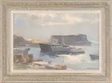 Harry Russell Ballinger, Pigeon Cove, Oil on canvas Rockport, Massachusetts scene shows several boats moored in a tranquil cove with granite breakwater