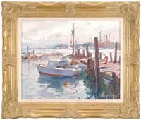 Emile Albert Gruppe, Key West, Oil on board scene shows two boats tied to a dock with one figure tying up the boat. Seagulls fly over a harbor view