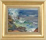 William Bradford Green Sr., Bass Rocks, Gloucester, Oil on board scene shows a large wave crashing on rocks
