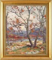 Emile Albert Gruppe, Buttonwood Trees, Mohawk Trail, Oil on canvas scene shows several trees with fall foliage on the banks of a river with hills behind