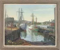Charles T. Stepule, Fishing Boats, Gloucester Harbor, Oil on canvas scene shows two docks with fishing boats moored beside. Automobiles and figures on docks