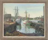 Charles T. Stepule, Fishing Boats, Gloucester Harbor, Oil on canvas scene shows two docks with fishing boats moored beside. Automobiles and figures on docks