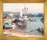 Emile Albert Gruppe, Fishing Docks, Naples, Oil on canvas scene shows several boats moored along dock with buildings. A colorful sky with reflections in water