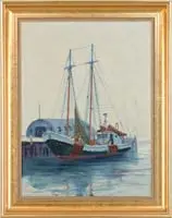 Charles Stepule, Trawler at Dock, Oil on canvas harbor scene shows a two-mast fishing trawler next to dock with Quonset hut