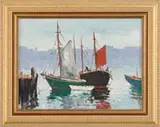 Caesare A. Ricciardi, Boats in Harbor, Oil on board scene shows several boats in a tranquil harbor. One is shown with a white sail, another with a red sail