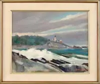 Bryan Quirk, The Lighthouse, Oil on canvas board coastal scene shows crashing waves on rocky coastline with a lighthouse on point of land