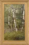 Delbert Dana Coombs, White Birches, Oil on canvas woodland scene shows a split rail fence ending at a stand of four birch trees