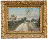 Coastal Road by George M. Hathaway, Oil on board scene shows a dirt road with pebble and grass surface winding along water with rock and tree lined sides, sold Aug 2006