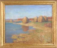 William A. Hill, Marsh Hay, Hampton, Oil on canvas board scene shows haystacks in a marshy area lined with trees in the Autumn