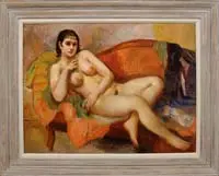 Bernard Karfiol, Nude on Red Couch, Outstanding oil on canvas interior scene shows a young nude woman laying on a red sofa with colorful throws