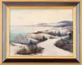 James David Smille, Winter Bay, Oil on canvas laid on board coastal scene shows a snow covered road beside a rocky shoreline which has scrub pine