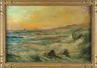 Alfred Addy, Monhegan Isle, Oil on canvas sunset scene shows waves crashing on a coastline with a sailboat on horizon with a setting sun sky