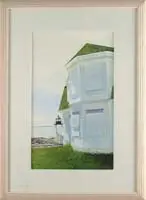 Gary Akers, Port Clyde Lighthouse, Watercolor scene shows a white clapboard sided building with green roof and attached lighthouse with walkway