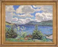 Caroll Tyson, ) “Somes Sound, Mount Desert, Fine oil on canvas summer Maine scene shows water, hills and coastline