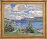 Caroll Tyson, ) “Somes Sound, Mount Desert, Fine oil on canvas summer Maine scene shows water, hills and coastline