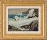 Robert Henri, Maine Coast, Oil on board coastal scene shows large waves crashing on rocky cliffs