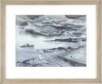 Storm Warning by Laurence Philip Sisson, Fine watercolor coastal scene shows a lobsterman in lobster boat near shore with oncoming storm clouds with rain, sold Aug 2006
