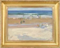Russell Taber Hyde, Figures on the Beach, Oil on canvas beach scene shows several colorful bathers on a sandy beach. Some bathers are in a green and blue ocean