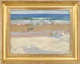 Russell Taber Hyde, Figures on the Beach, Oil on canvas beach scene shows several colorful bathers on a sandy beach. Some bathers are in a green and blue ocean