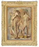 Jon Corbino, Seashore, Oil on board beach scene shows five nude women on a sandy beach