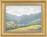 Henry Curtis Ahl, Santa Monica Mountains, Malibu, California, Oil on canvas board scene shows grass and flower covered meadow leading to large mountain