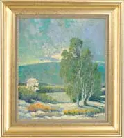 Alexander Vago, Palm Springs Landscape, Oil on board scene shows an arid area with flowers and trees with a hill beyond under a sunrise and blue sky